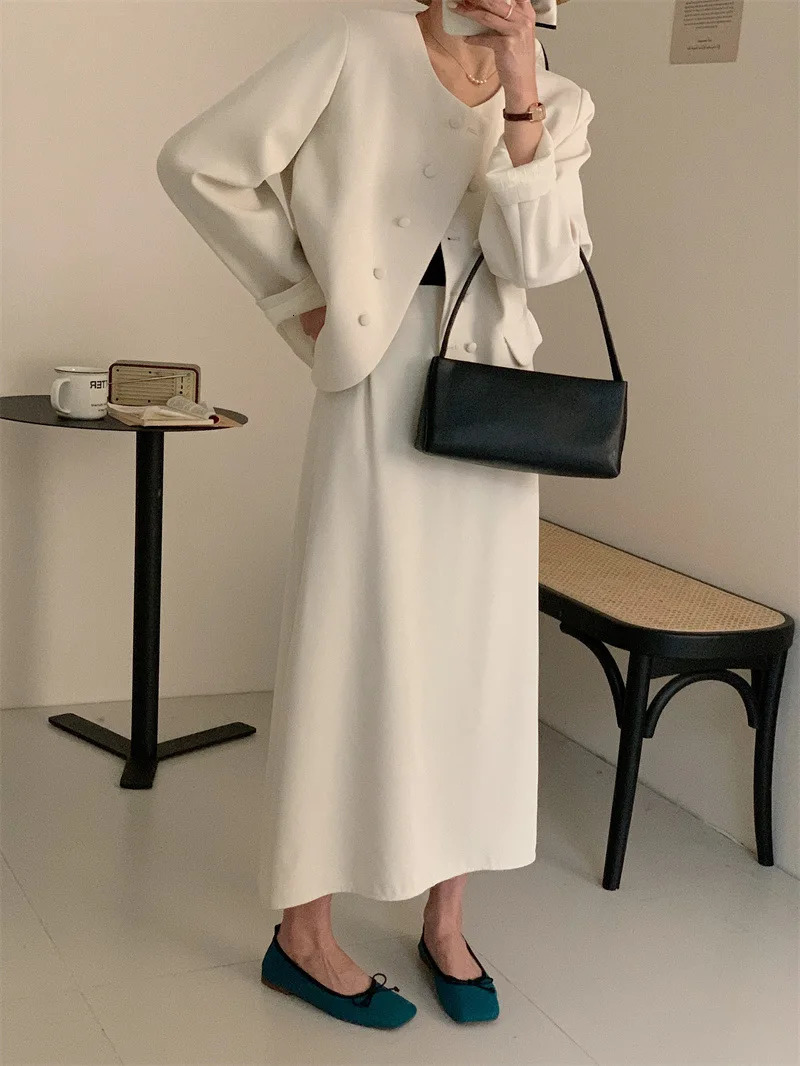 Korean Fashion Skirt Suit Women Set Solid Color Doublebreasted Blazer Midlength Paragraph Twopiece Matching Sets 240704