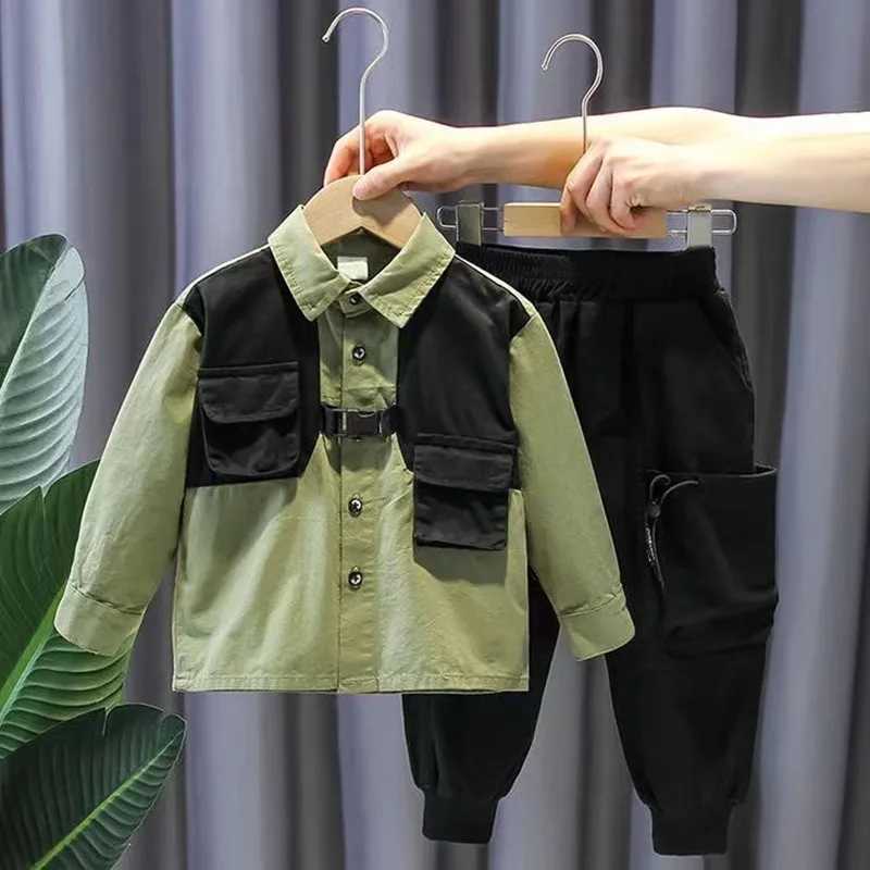 Clothing Sets Boys Autumn Set 2024 New Korean Spring and Autumn Cool Childrens Shirt+Pants Boys Two piece Set Trendy Kids Outfits