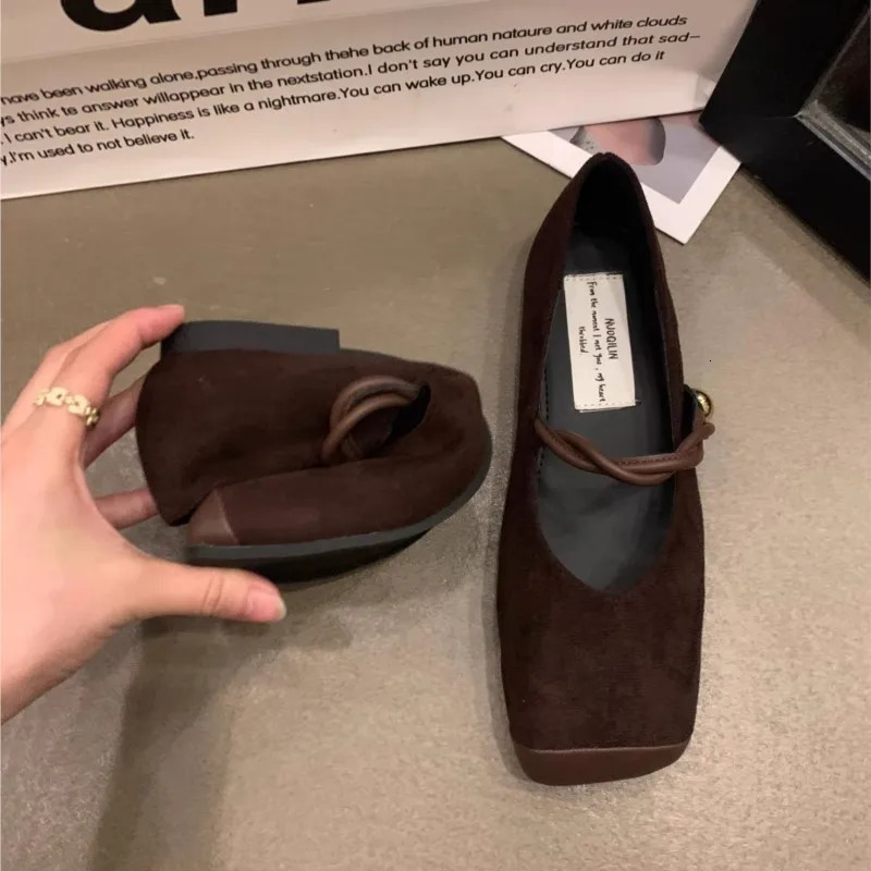 Womens Ballet Flats Faux Suede Mary Jane Square Toe Ball Buckle Strap Casual Shoes Comfortable Woman Flats Spring Autumn 1687N 240705