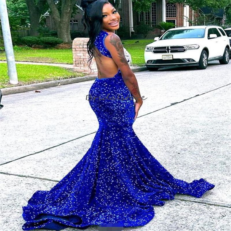 Sparkle Blue Sequin Prom Dresses With Crystal Sheer Neck Beaded Mermaid Evening Dress Luxury Open Back Birthday Sixteen Formal Occasion Shine Party Ve