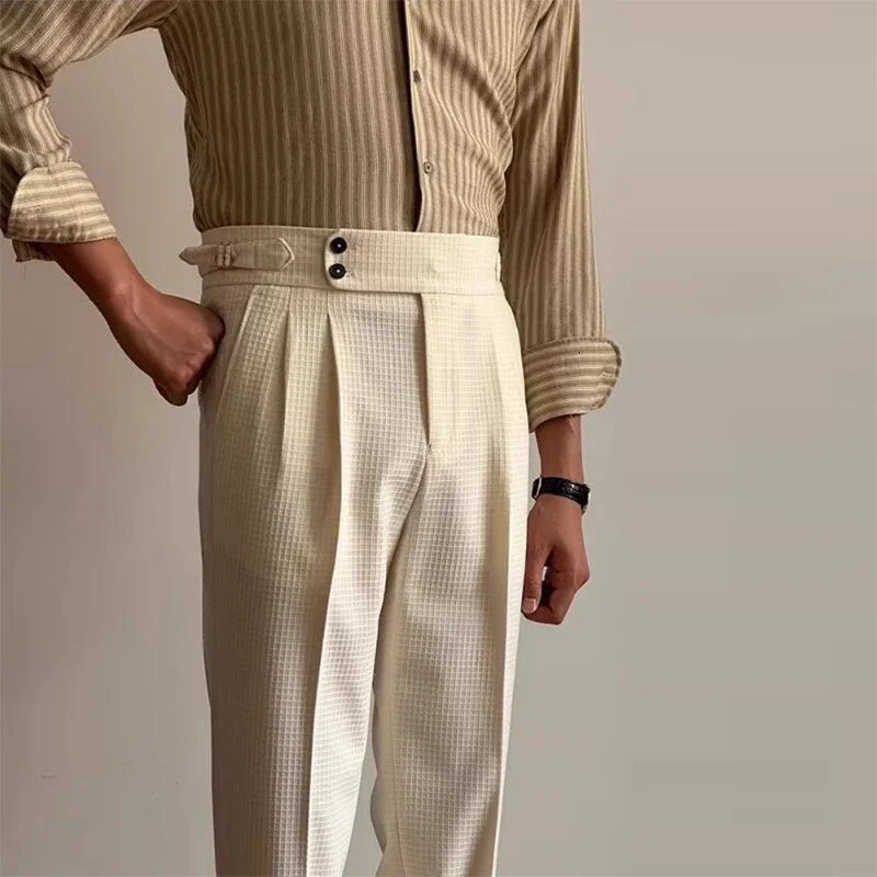 Vintage Belt-up High Waist Trousers Men Spring Summer Fashion Solid Color Waffle Breathable Pants Mens Old Money Aesthetic Pants 240701