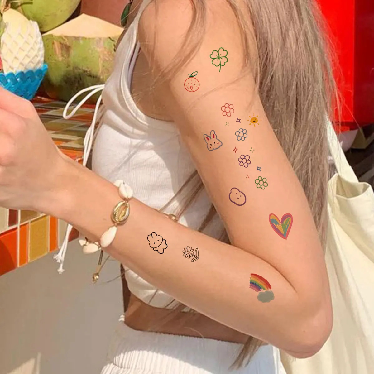 6 pieces of cartoon pattern colored flower heart-shaped temporary tattoo stickers waterproof magic tattoo disposable tattoo stickers 240705