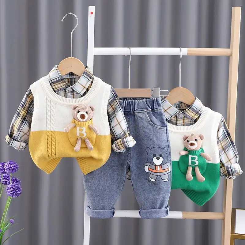 Clothing Sets Spring and Autumn Baby Boys Clothing Set New Childrens Sweater Vest Shirt Pants 3-piece Set Kids Outfits 6M 2T 3T 4T 5T