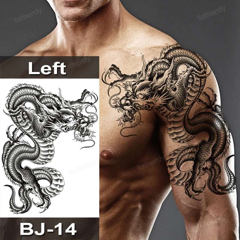 Waterproof Tattoo Sticker Mens Half Shoulder Dragon Totem Arm False Tattoo Black Large Size Mens Beauty Tattoo 240705