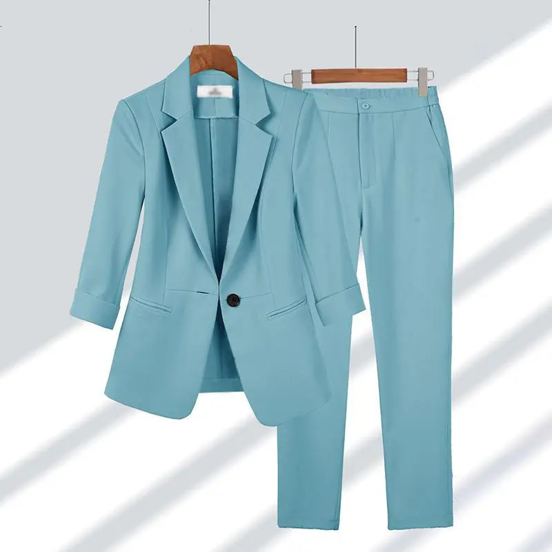 Summer Thin Jacket Blazer Casual Wide Leg Pants Two Piece Elegant Womens Set Office Outfits Business Clothing 240702