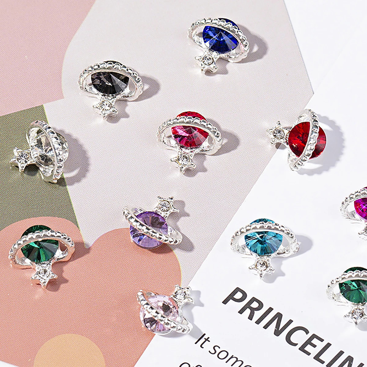 60pcs/1 box of 12 alloy colorful planet studs with diamond decorations and cosmic elements planet studs with metal decorations 240705