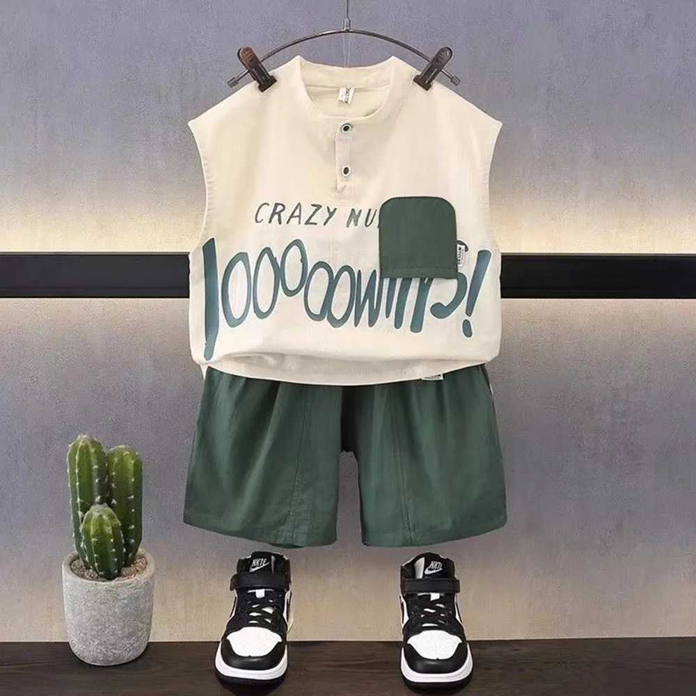 Clothing Sets Childrens Set Boys Summer Sleeveless Vest 2024 New Western Style Baby Summer Cool Childrens Two Piece Set Trendy