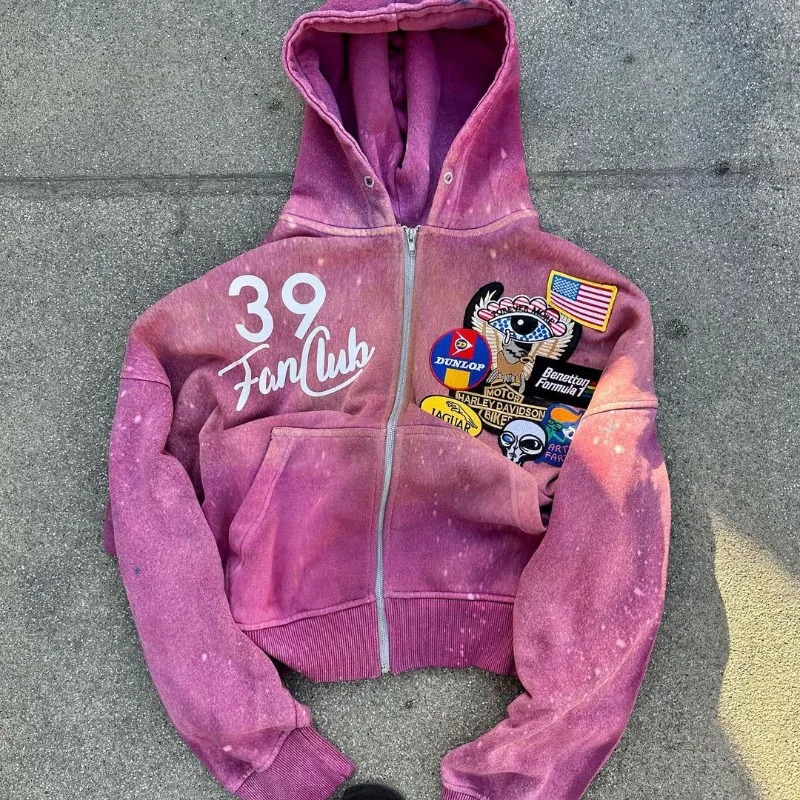 American High street vintage letter print hoodie men Y2K Goth Harajuku fashion zipper couple loose sweatshirt 240702