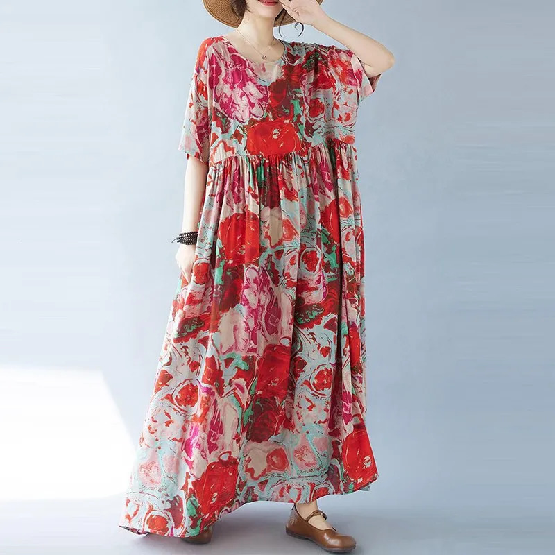 Women Casual Long Dress Arrival Summer Vintage Style Oneck Floral Print Loose Female Aline Holiday Dresses B3705 240628