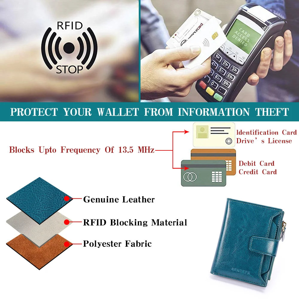 SENDEFN Casual Women Genuine Leather Wallet RFID Blocking Short Multi Function Large Capacity Zipper Coin Purse Money Clip 5191 240626