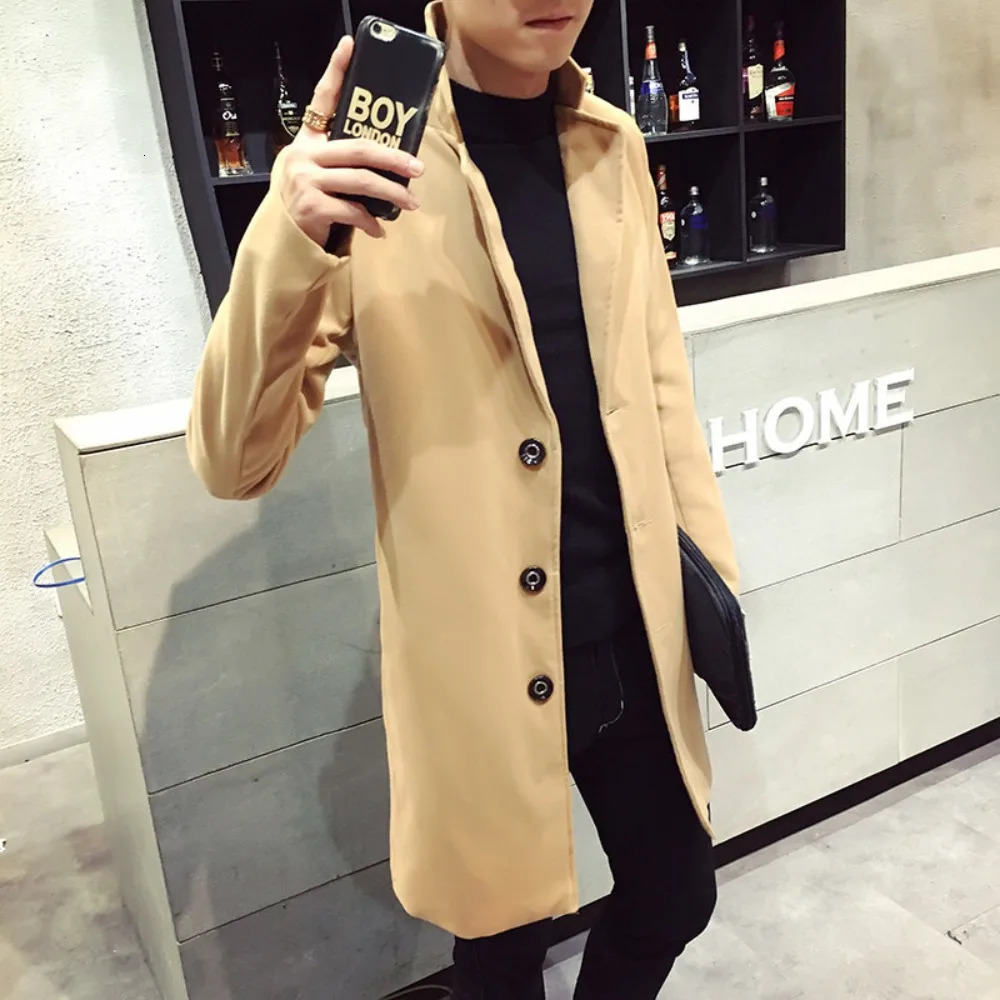 Mens Coat Autumn and Winter Casual Long Windbreaker Jacket / Male Solid Color Single Breasted Trench Coat Jacket 240704