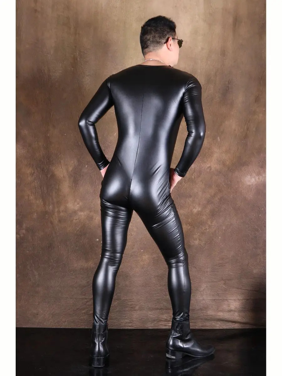 S-5XL Winter Fleece PU Leather Catsuit Mens Thermal Underwear Tight Warm Bodysuit Jumpsuit Leotard Conjoined Body Pyjama Unitard 240703
