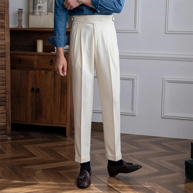Casual Solid Color Suit Trousers Men Spring Trendy Belt High Waist Pants Male Business Office Fashion Pleated Straight 240702