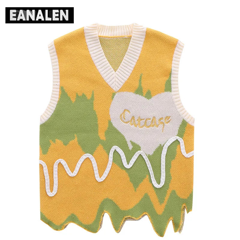 Harajuku Black Green Colorblock Jumper Sweater Vest Womens y2k Retro Oversized Knitted Ugly Sleeveless Sweater Mens Aesthetic 240701