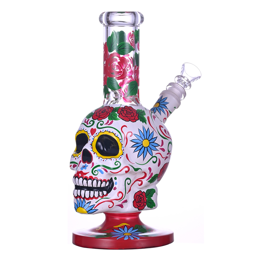 9.4in HippiesGlass,Hand Drawn Terror Skeleton Glass Beaker Bong,Cute Flower Bong,Borosilicate Glass Water Pipe,Glass Hookah,Handmade Crafts,Smoking Ac