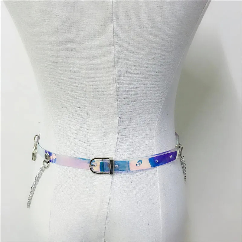 FestivalQueen Womens Shiny Faux Leather Harness Belt Dazzle Color Holographic Silver Metal Punk Chain Nightclub Party Waist Bel 240701