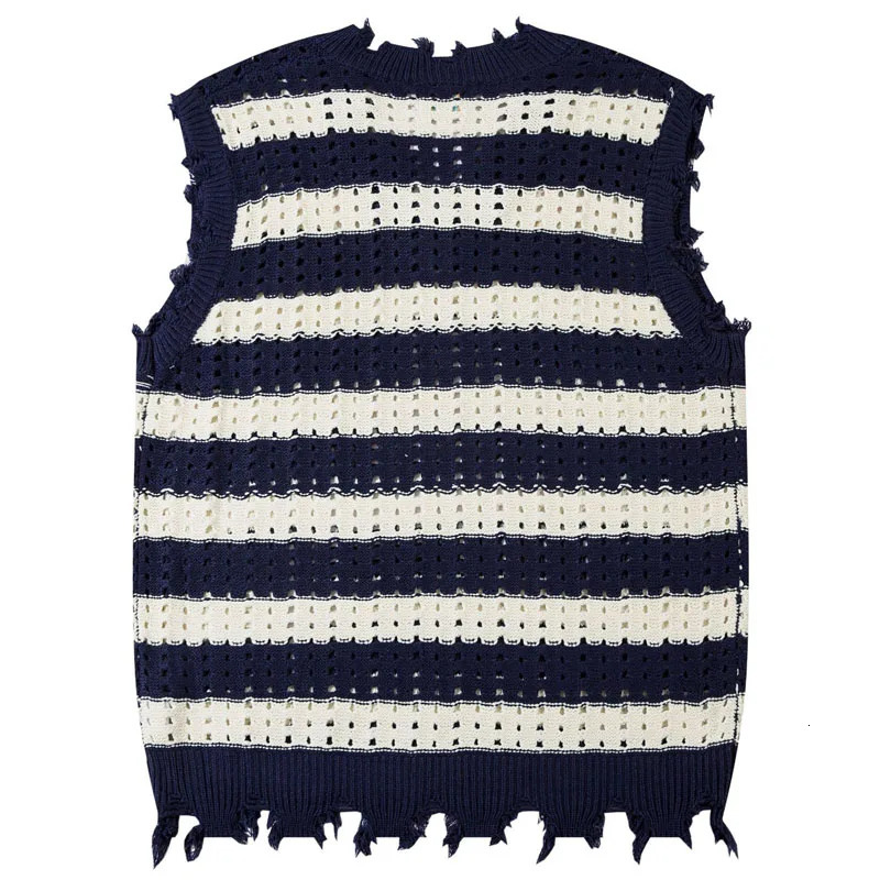 Mens Sleeveless Sweater Vest Women Striped Hollow Loose V-neck Sweaters Harajuku Casual Loose Knitted Pullove Spring Fall Jumper 240704