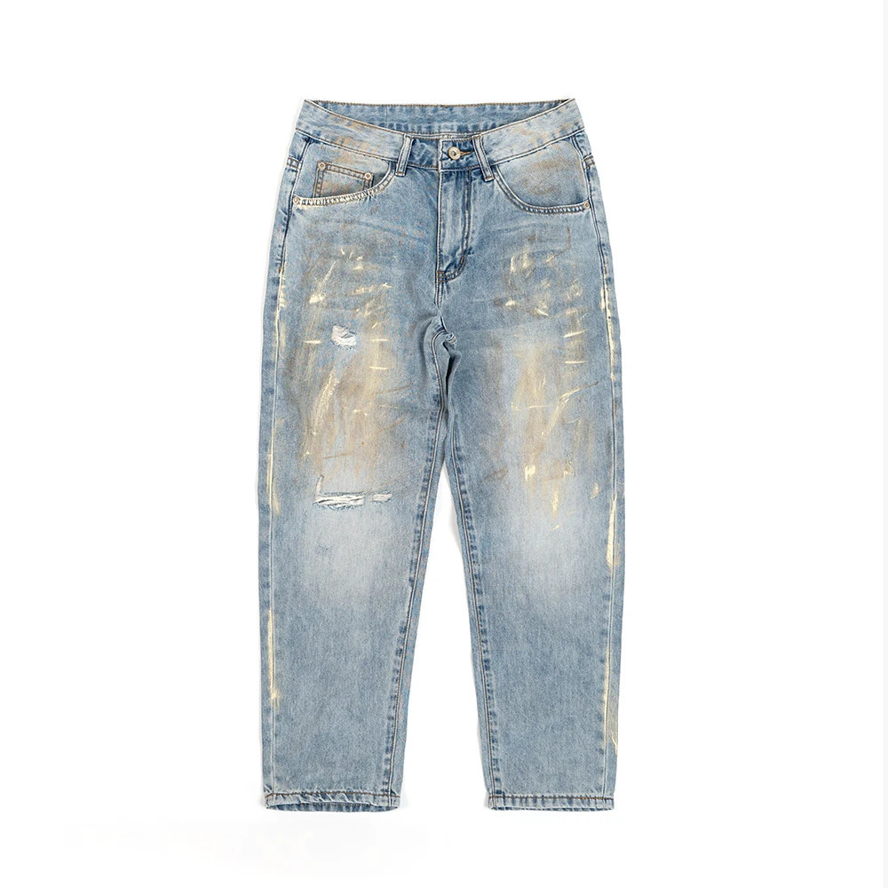 Summer Lyocell Thin Light Blue Denim Jeans for Men Stylish Distressed Ripped Hole Tapered Straight Pants 24ss Y2k Youth Male 240627