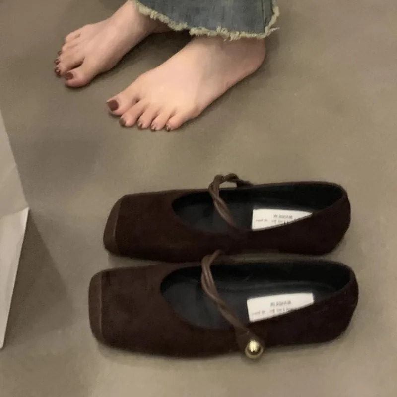 Womens Ballet Flats Faux Suede Mary Jane Square Toe Ball Buckle Strap Casual Shoes Comfortable Woman Flats Spring Autumn 1687N 240705