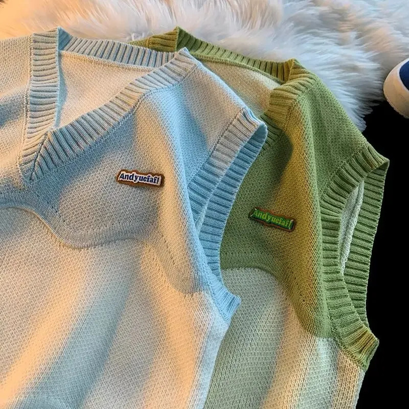 College Knitted Vest Sweaters Men Women High Street Casual Color Block V-neck Sleeveless Sweater Loose Casual Pullover Tops 240704