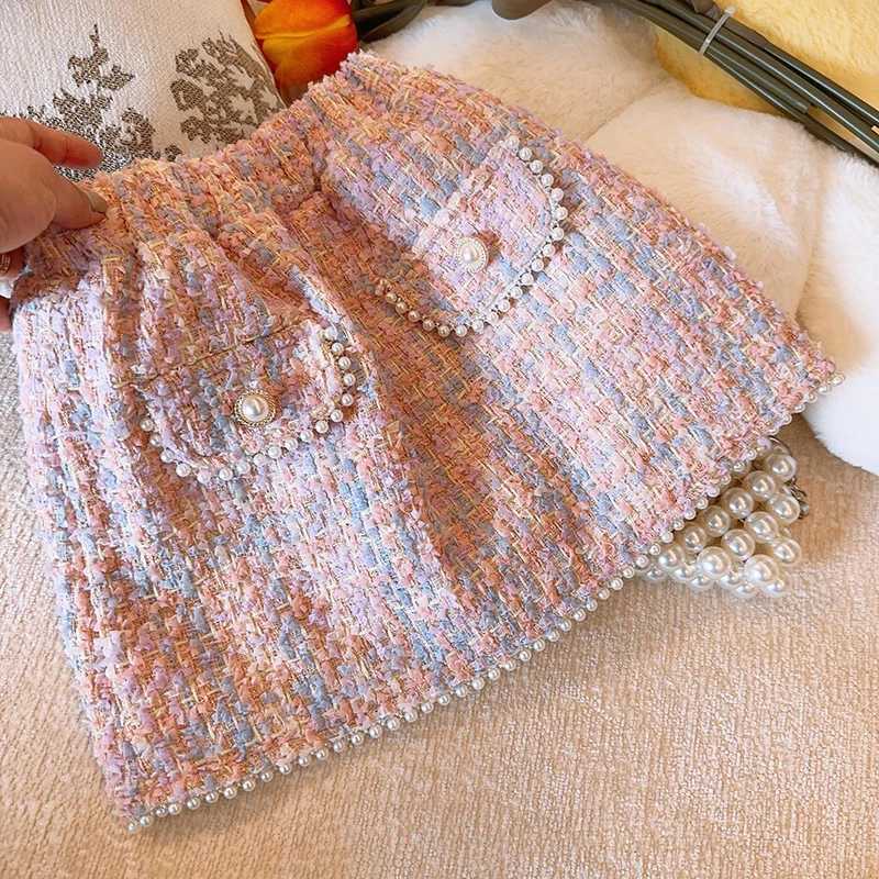Clothing Sets Korean Suit For Girls Autumn And Winter Checkered Small Fragrant Wind Girl Set Fashion Coat+Short Skirt Knitting Two Piece Set