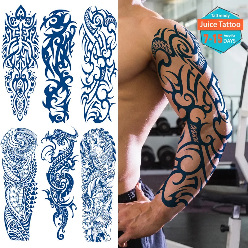 Juice Tattoo Durable Waterproof Temporary Tattoo Sticker Totem Tribal Dragon Full Arm Large Size False Tattoo Sleeves 240705