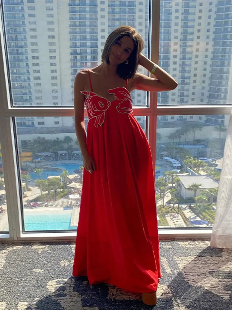 Summer Chic Red Fish Top Party Maxi Dress For Women Sexy Sling High Waist Ceremony Robe Holiday Lady Street Vestidos 240627