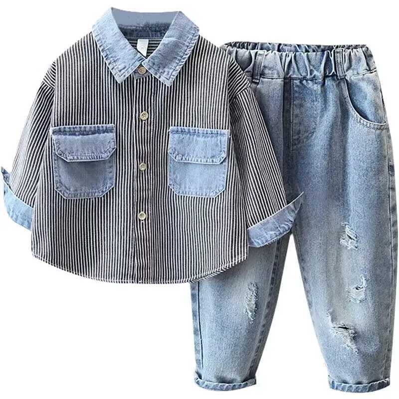 Clothing Sets Boys Clothing Set 2024 Spring and Autumn New Korean Childrens Striped Cotton Shirt Jeans Two Piece Set Kids Baby Outfits