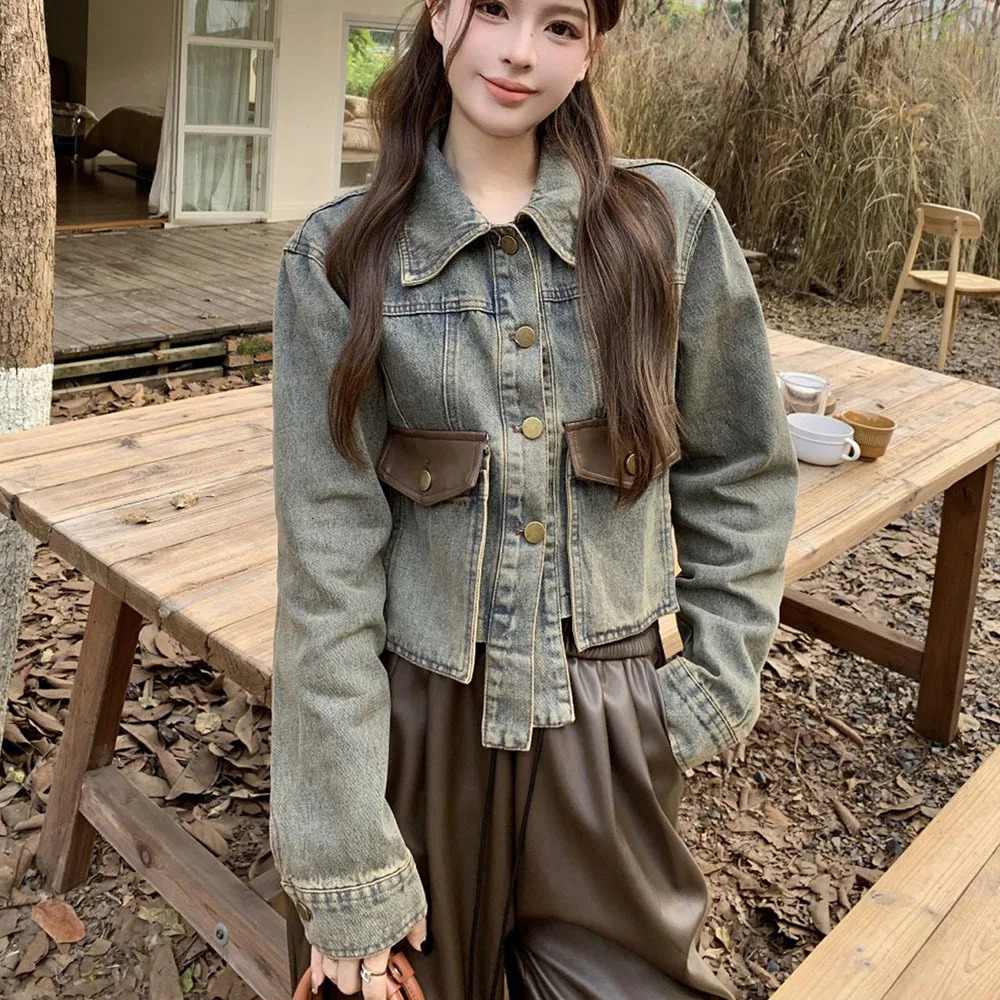 Streetwear Vintage Patchwork Short Jeans Coat Female Y2K Cropped Denim Jacket Women Harajuku Korean Slim Casual Pocket Outerwear 240704