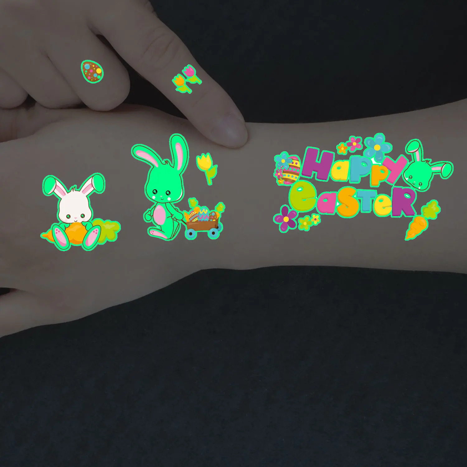 10 pieces of Easter cartoon bunny Easter egg pattern illuminated temporary tattoo stickers night glow birthday party gift stickers 240705