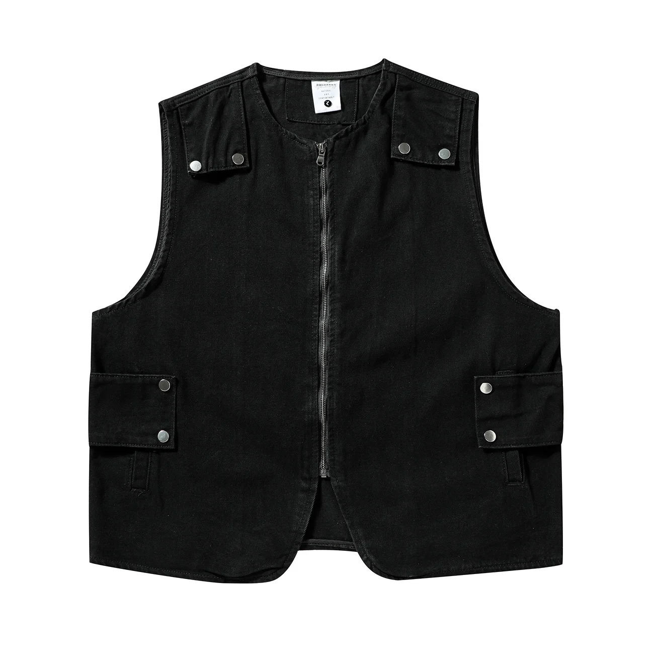 American Original Trendy Functional Denim Cargo Vest Washed Distressed Dark Vintage Round Neck Zipper Up Jeans Vests Couple 240701