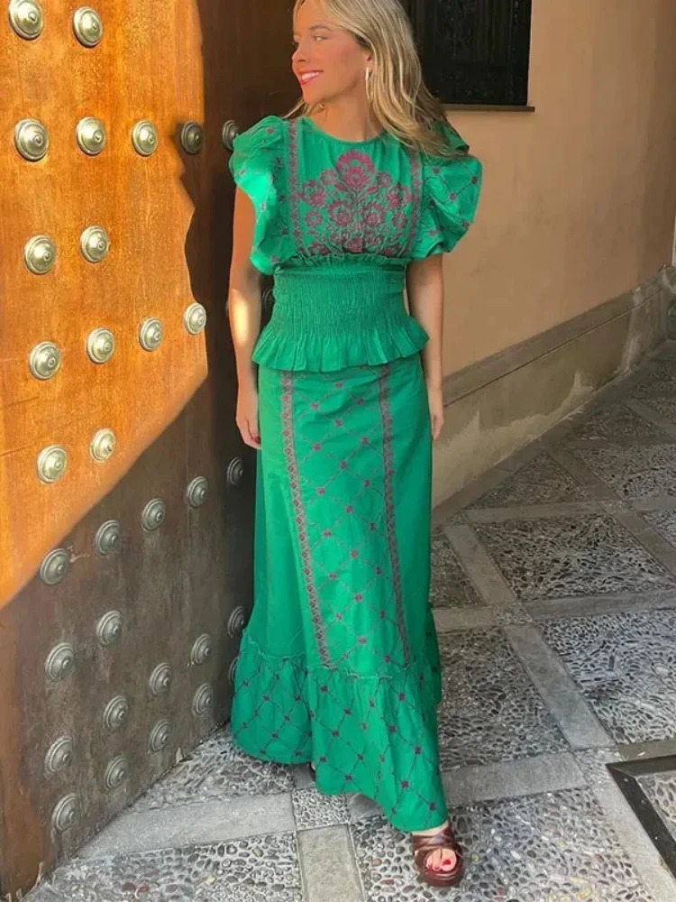 Women Elegant Flying Sleeve Printed Top 2 Piece Sets Summer Chic O Neck Tee Wrap Waist Long Skirt Suit Outfits 240704