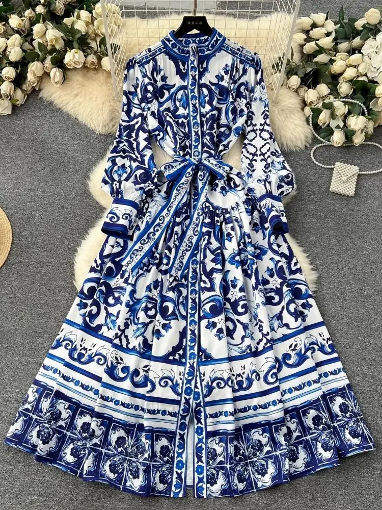 JAMERARY Runway Red Blue White Porcelain Print Holiday Maxi Dress Womens Stand Single Breasted Loose Lace Up Belt Long Vestido 240627
