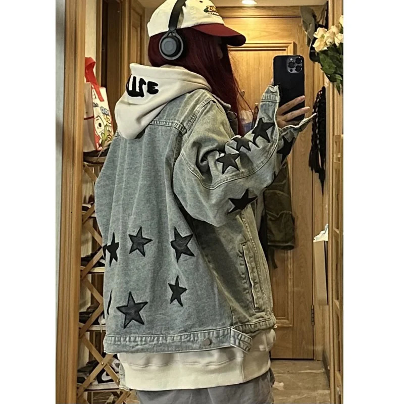 Deeptown Star Girl Y2k Womens Denim Jacket Oversized Korean Fashion Streetwear Vintage Jean Jackets Goth Style Aesthetic Casual 240704