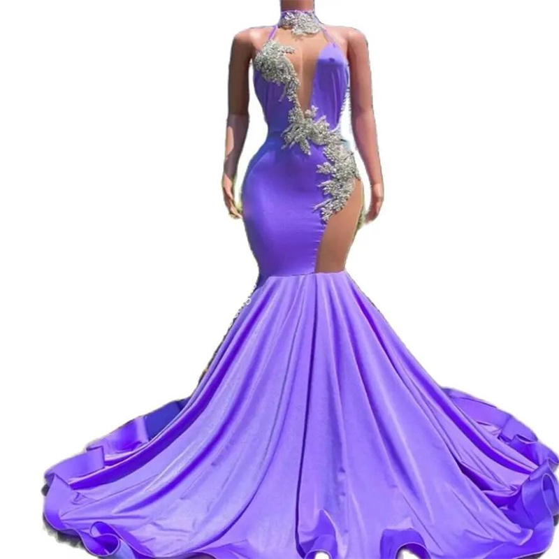 Light Purple Mermaid Prom Dresses For Black Girls See Through Crystal African Nigeria Evening Dress Elegant Formal Birthday Dress Charming Vestio De F