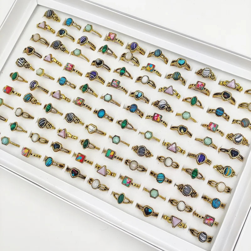 20/30/50Pcs/Lot Vintage Pine Stone Rings for Women Wholesale Mix Bohemian Style Antique Gold Color Ethnic Joint Men Jewelry Gift 240626