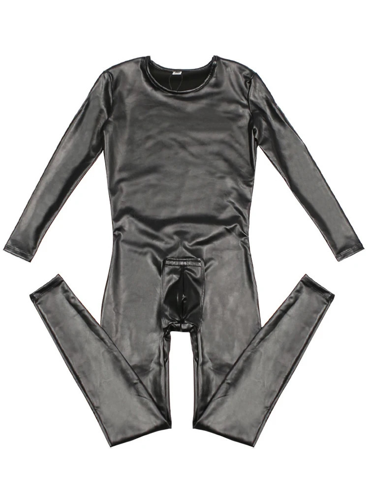 S-5XL Winter Fleece PU Leather Catsuit Mens Thermal Underwear Tight Warm Bodysuit Jumpsuit Leotard Conjoined Body Pyjama Unitard 240703