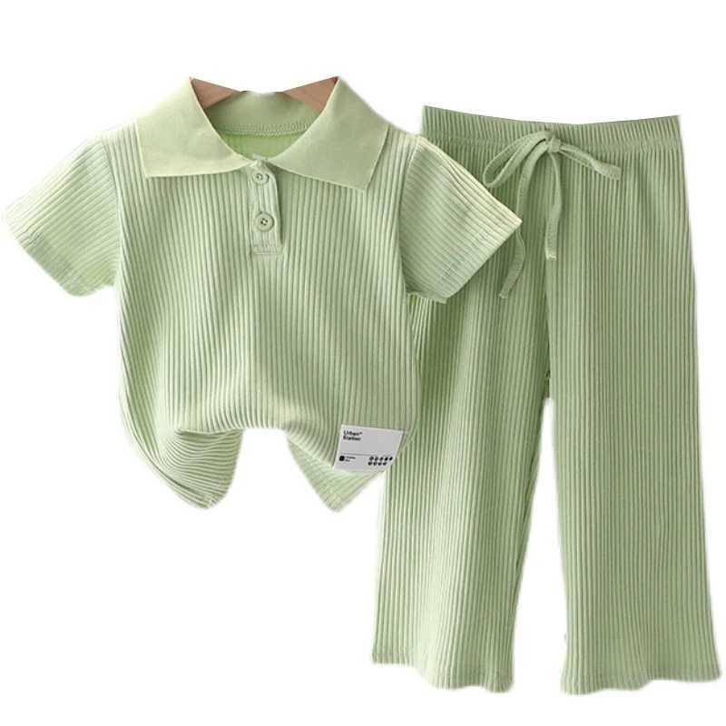 Clothing Sets Girls Summer Clothing Suit Children Short-Sleeved Polo Shirt Wide Leg Pants 2Pcs Sets Baby Loungewear Fashion Pit Stripe Outfits IXVU