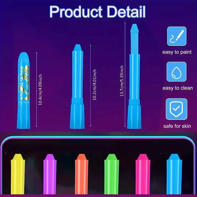 6pcs UV Black Light Face Paint Crayons Kit Neon Body and Face Makeup Sticks for Mardi Gras and Halloween Costume Parties Unisex 240705