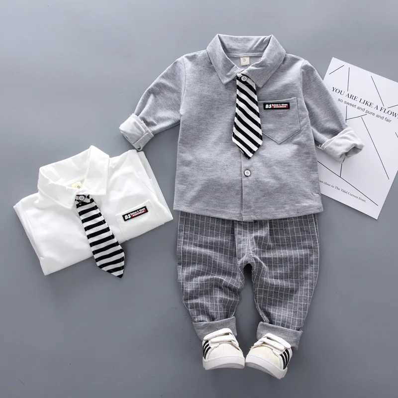 Clothing Sets Boys Solid Clothing Sets Spring Autumn Baby Cotton Long-Sleeve Tie Shirt Pants 2pcs Outfits Kids Elegant Gentleman Suit 1-4Y