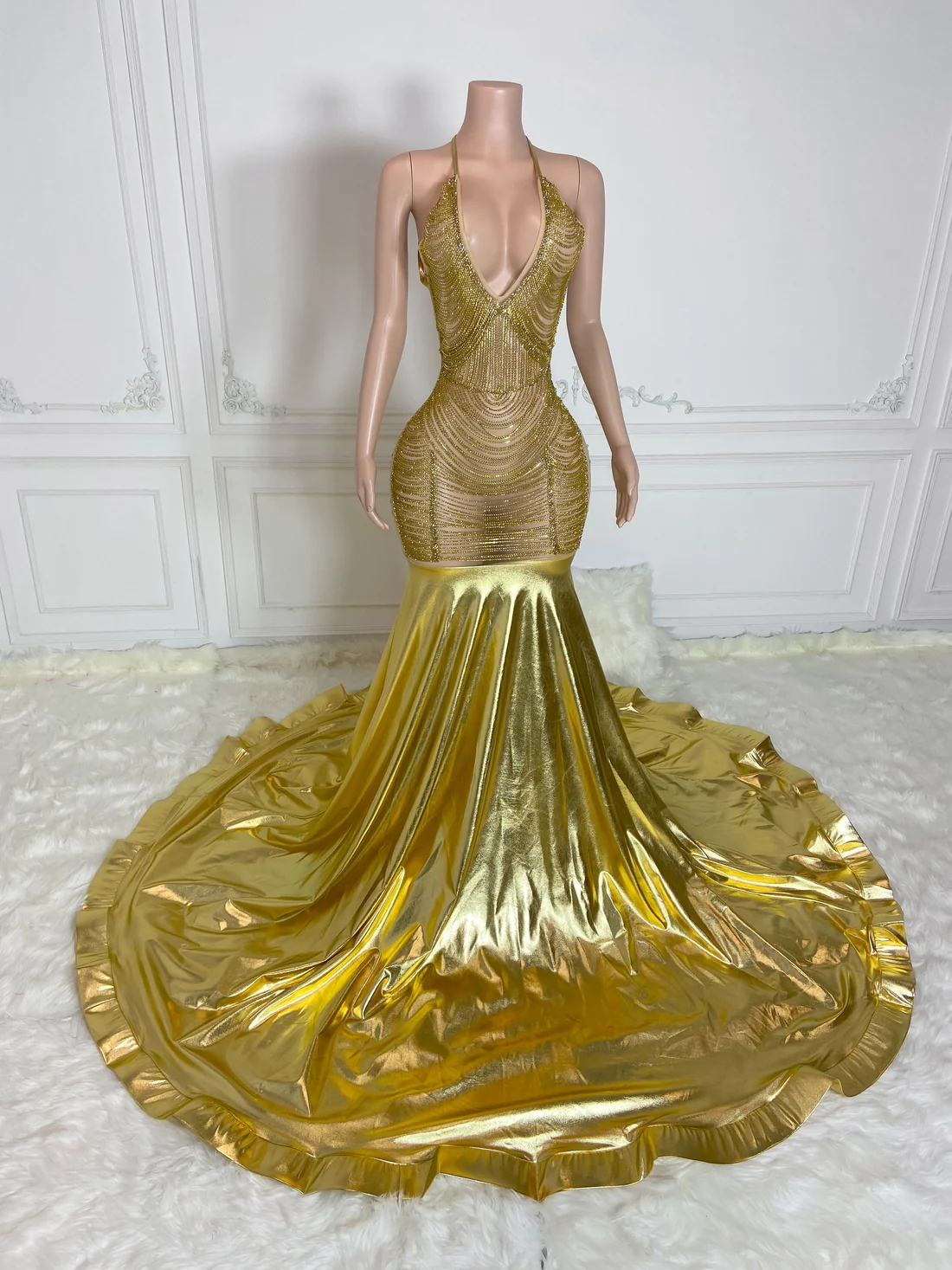 Gold Halter Women Long Prom Dresses For Black Girls Sparkly Mermaid Sheer Diamond African American Prom Gowns Evening Gala Party Dresses