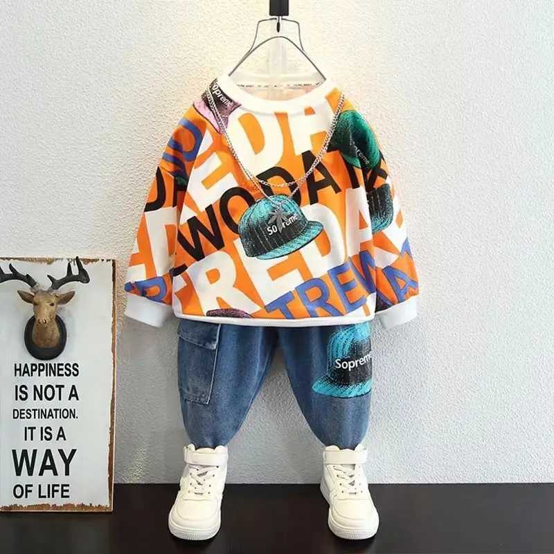 Clothing Sets Childrens Clothing Set Spring and Autumn Boys Baby Round Neck Sweater Pants Two Piece Fashion Jeans Set