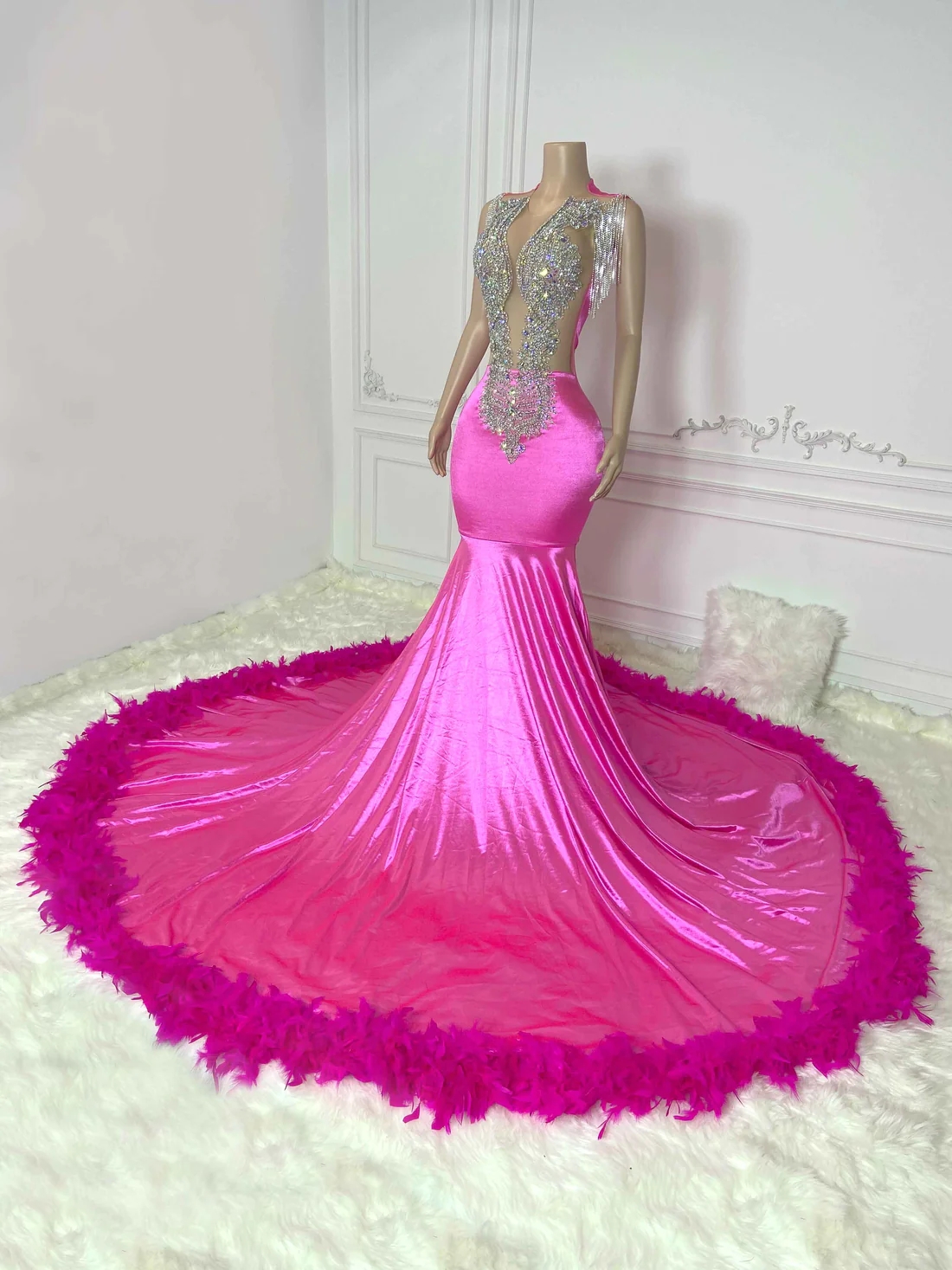 Fuchsia Sheer Feather Women Long Prom Dresses For Black Girls Mermaid Diamond African American Prom Gowns Evening Gala Party Dresses