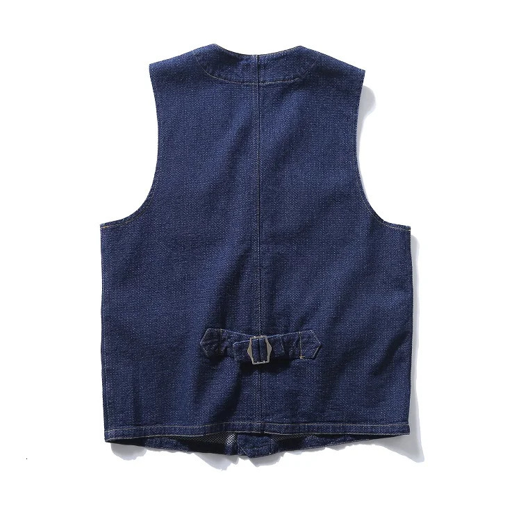 Buckle Back retro denim vest mens multi pockets workwear sleeveless jacket y2k youth 100% cotton deep blue camisole top Vintage 240704