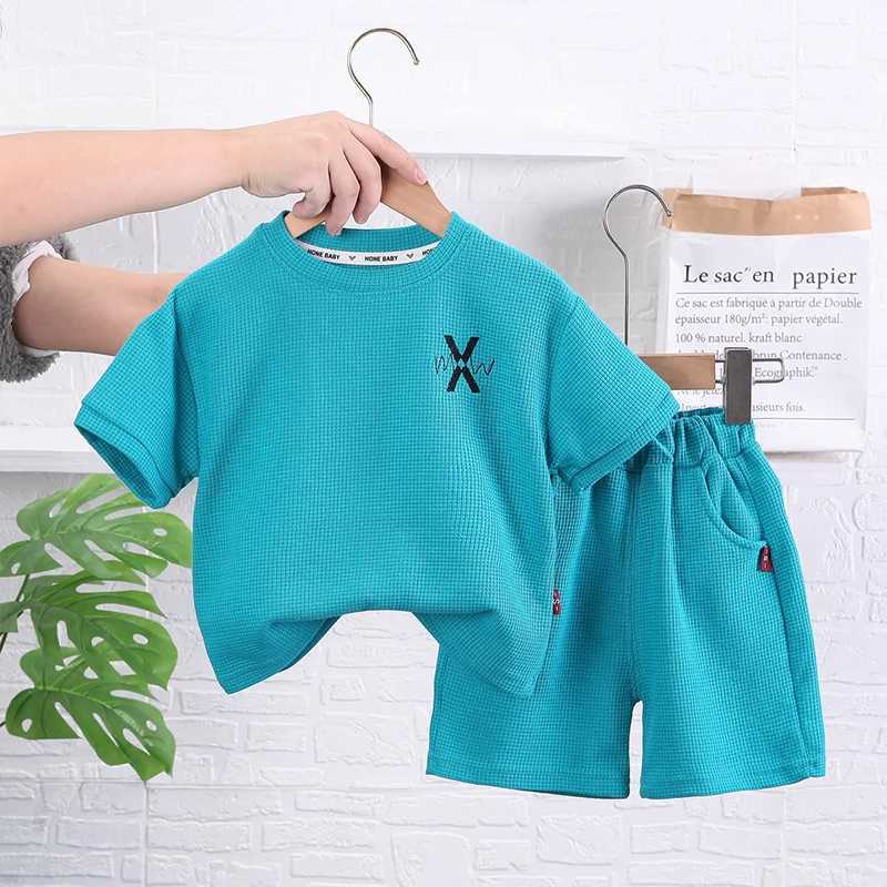 Clothing Sets New Summer Baby Boys Clothes Set Cotton Short Sleeve Waffle T-Shirts And Solid Shorts 2Pcs Casual Suit for Kids 1-5 Years