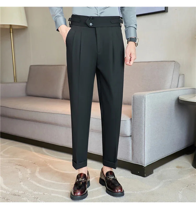 Mens Dress Pants High-quality English Style Solid Casual Slim Fit Trousers High-waisted Business Leisure Formal Pants 38 240701