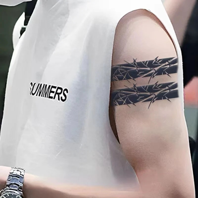 Geometric Totem Ring Herbal Juice Tattoo Sticker Waterproof Semi anent Arm Durable Art Male False Tattoo Sticker Artificial Tattoo 240705