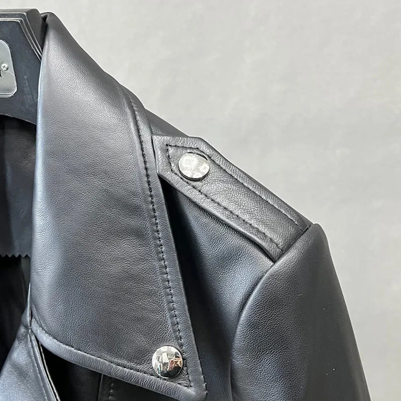 Spring Autumn Leather Jacket Lady Fashion Moto Crop Jacket Y2K Women Short Coat Genuine Sheepskin FG5539 240625