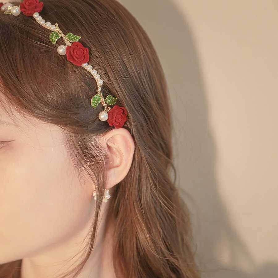 Headbands Red White Simulated Flower Rose Wedding Hair Accessories Hairband 2023 New French Romantic Spring Leaves Headdress Hair Hoops