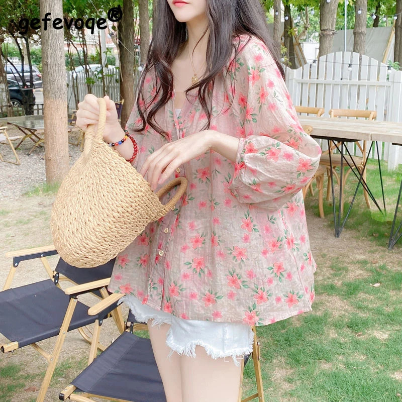 Women Floral Print Sweet Chic Kawaii Button Shirts Summer Korean Style O Neck 3/4 Sleeve Blouses Casual Y2K Streetwear Tops Ropa 240704